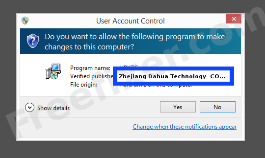 Screenshot where Zhejiang Dahua Technology  CO.,LTD. appears as the verified publisher in the UAC dialog